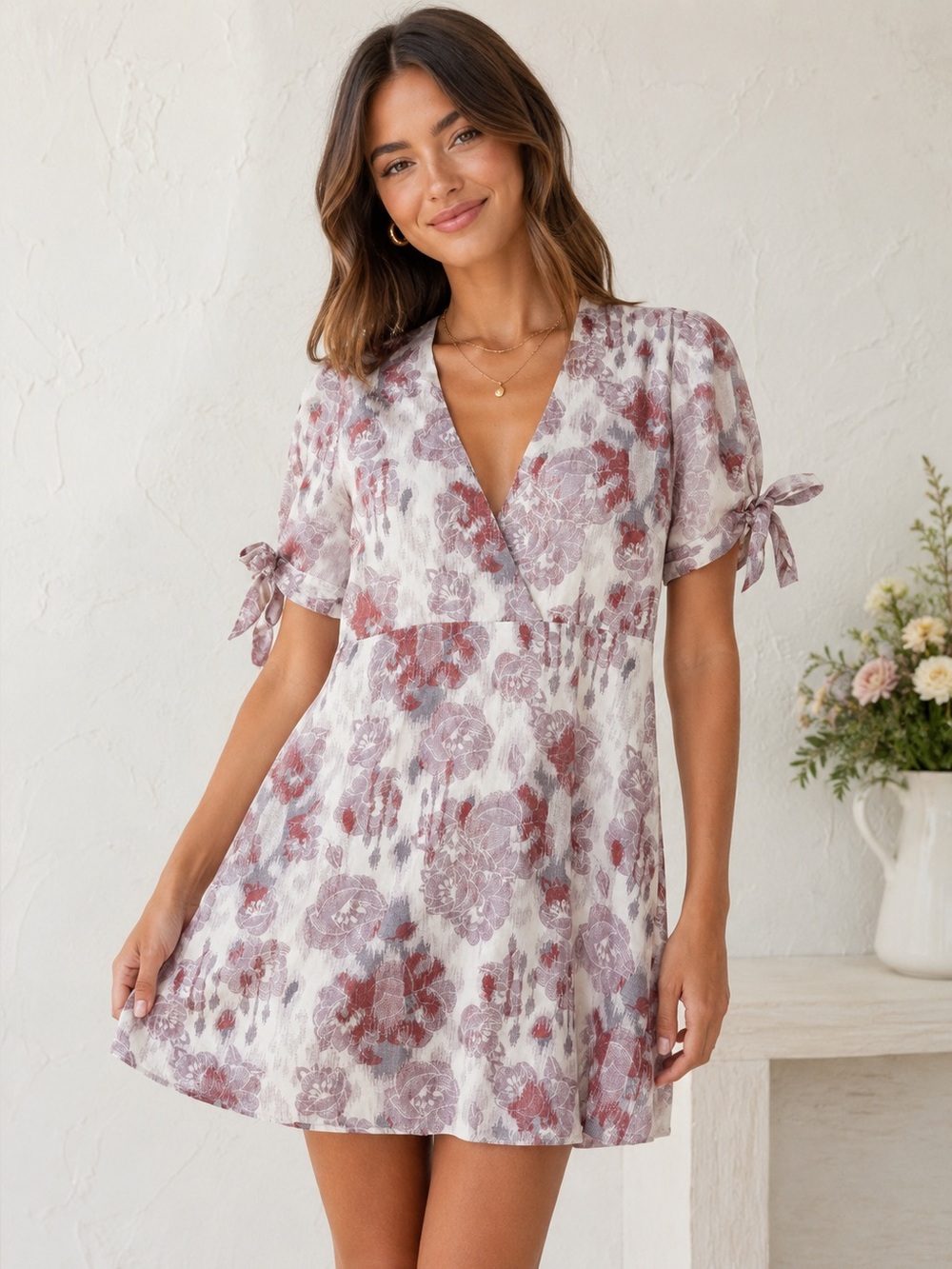 Honey Punch White Floral Mini Dress with Mauve and Dusty Rose